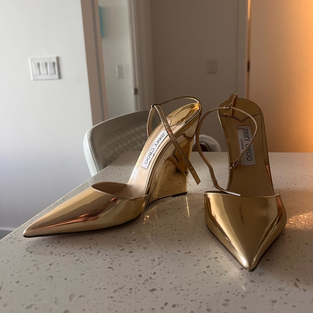 Jimmy Choo Blake 100 Gold Patent Leather Heeled Wedges